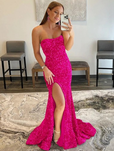 Low Cost Strapless Sleeveless Long Sweep Train Velvet Sequin Prom Dress with Side Slit