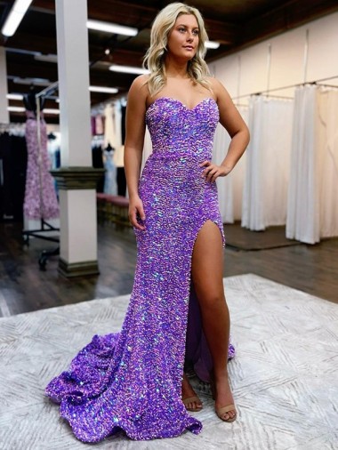 Low Cost A-Line Sweetheart Sleeveless Long Velvet Sequin Prom Dress with Slit