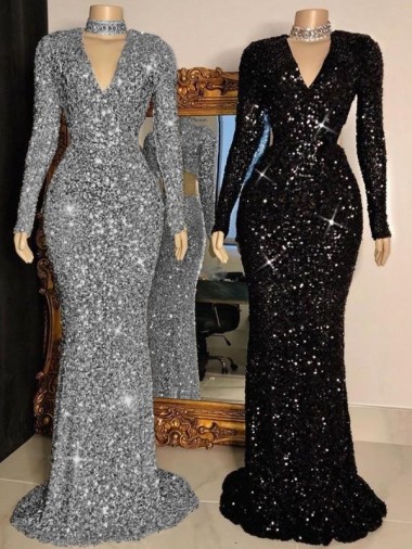 Low Cost V-Neck Long Sleeves Long Sweep Train Velvet Sequin Prom Dress