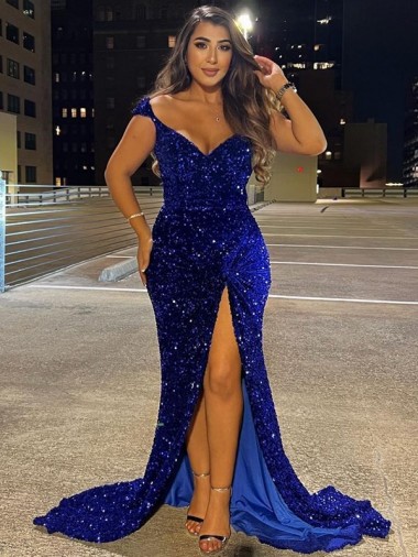 Low Cost V-Neck Sleeveless Long Sweep Train Velvet Sequin Prom Dress with Slit