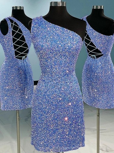 Low Cost Short Velvet Sequin One Shoulder Sleeveless Prom Dress