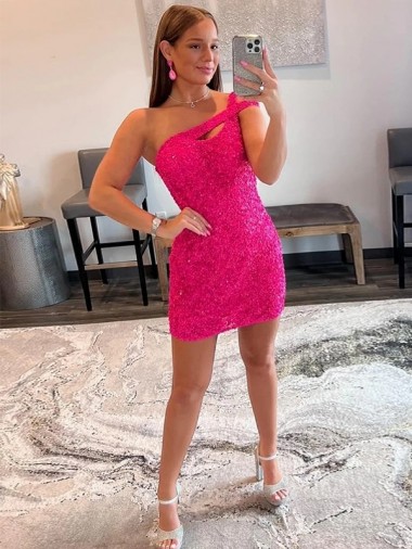 Low Cost Velvet Sequin One Shoulder Sleeveless Short Prom Dress