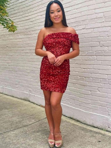Low Cost Short One Shoulder Sleeveless Velvet Sequin Cocktail Prom Dress