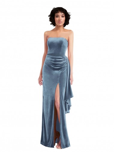 Low Cost Strapless Velvet Maxi Prom Dress with Draped Skirt
