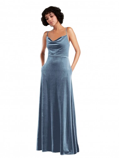Low Cost Sleek Cowl Neck Velvet Maxi Prom Dress with Pockets