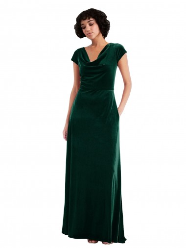 Low Cost Cowl Neck Cap Sleeve Velvet Maxi Prom Dress with Pockets