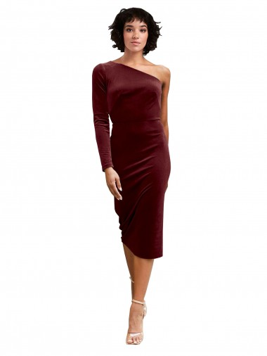 Low Cost One Shoulder Fitted Short Midi Length Velvet Prom Dress