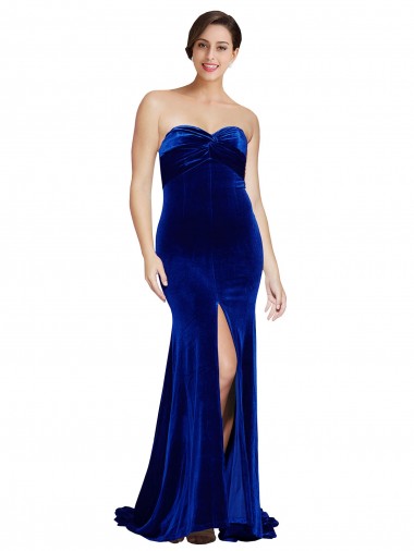 Low Cost Strapless Ruched Velvet Prom Dress with Sweep Train and Front Slit