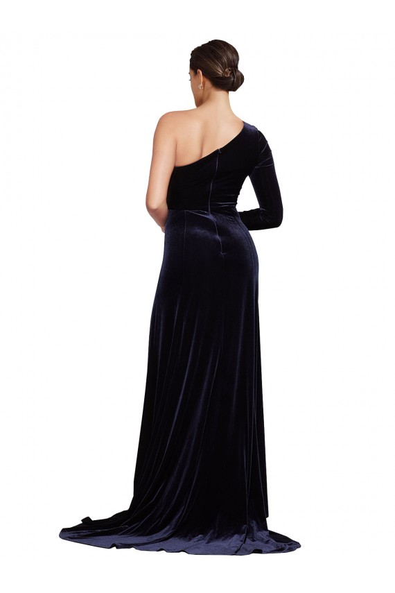 One Sleeve Long Velvet Prom Dress with Thigh High Split