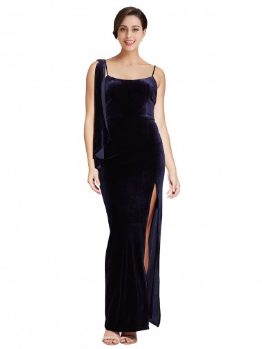 Low Cost Long Velvet Prom Dress with Side Thigh Split and Shoulder Tie