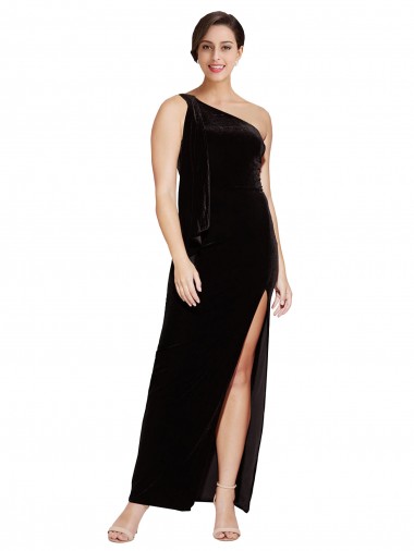 Low Cost One Shoulder Long Velvet Prom Dress with Side Split and Shoulder Tie